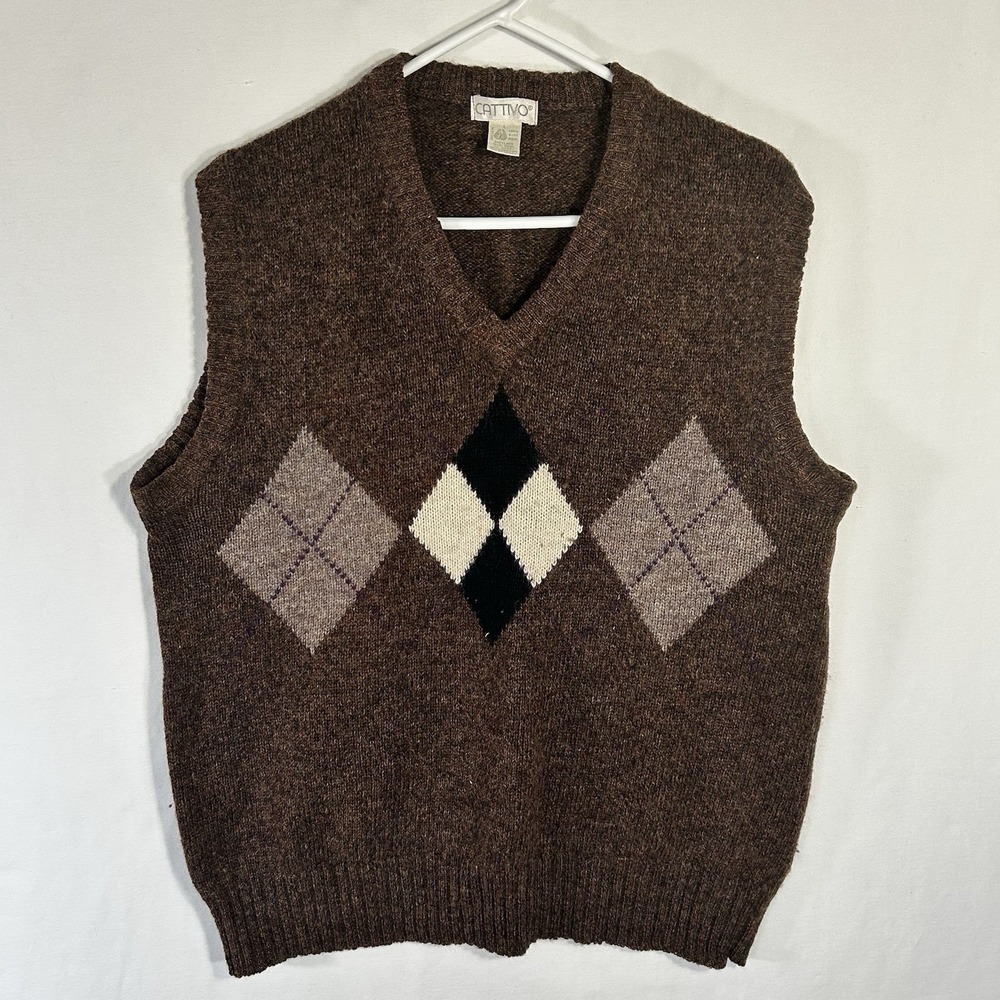 Vintage 80s 90s Cattivo Vest Brown Argyle Shetland Wool Sweater Men Large